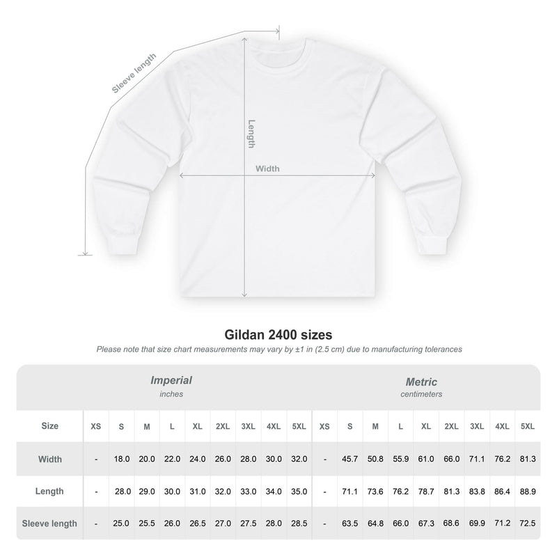 Size chart for Gildan 2400 unisex long sleeve tee showing measurements in inches and centimeters.