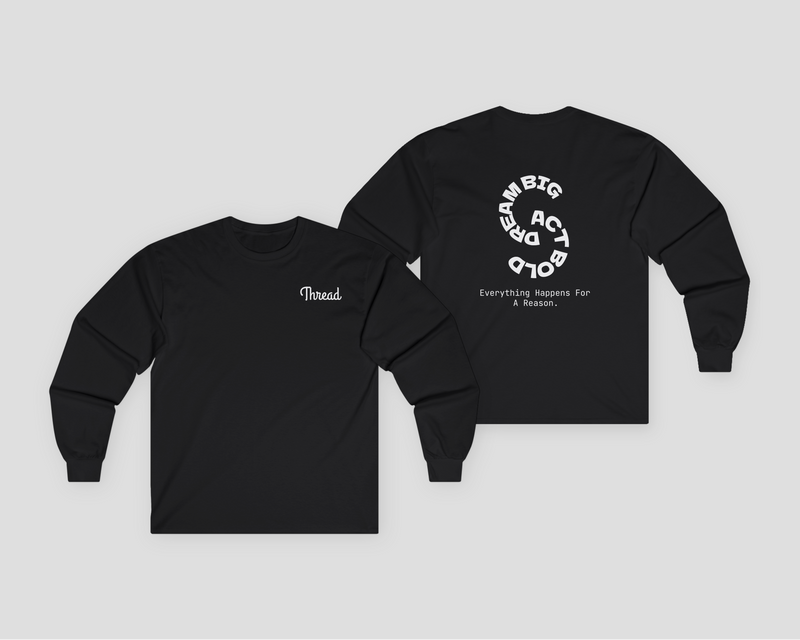 Thread Classic Unisex Long Sleeve Tee in black with front logo and motivational back print.