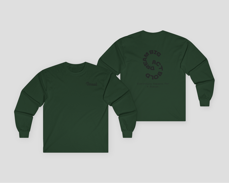 Thread Classic Unisex Long Sleeve Tee in dark green with unique text design and relaxed fit.