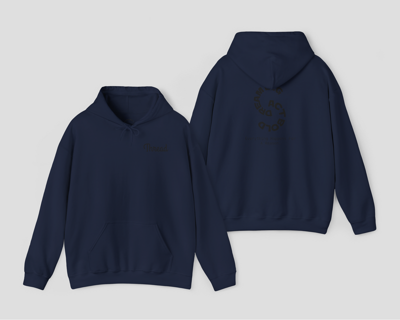 Thread Classic Soft Unisex Hoodie in navy blue with kangaroo pocket and logo detail on the back.