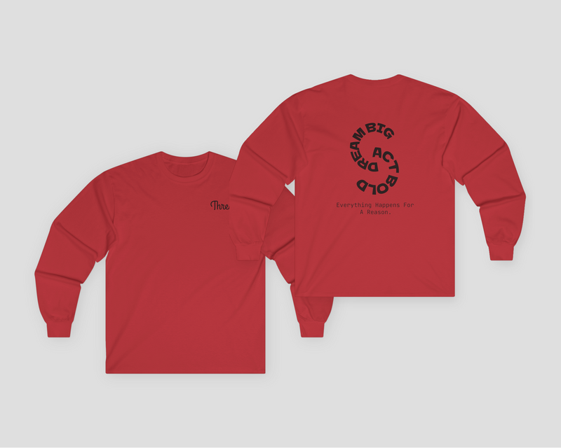 Red unisex long sleeve tee featuring inspirational text on the back and simple branding on the front.