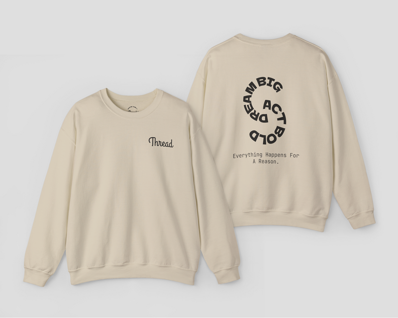 Front and back view of Thread Classic Unisex Crewneck Sweatshirt in cream color, featuring a stylish graphic design.